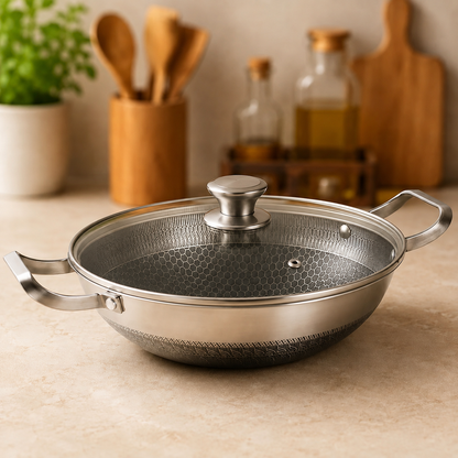 304 Stainless Steel Honeycomb Non-Stick Wok With Lid