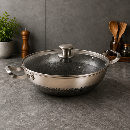 304 Stainless Steel Honeycomb Non-Stick Wok With Lid