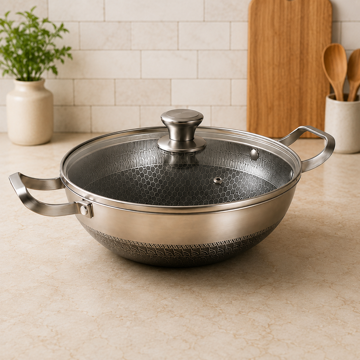 304 Stainless Steel Honeycomb Non-Stick Wok With Lid