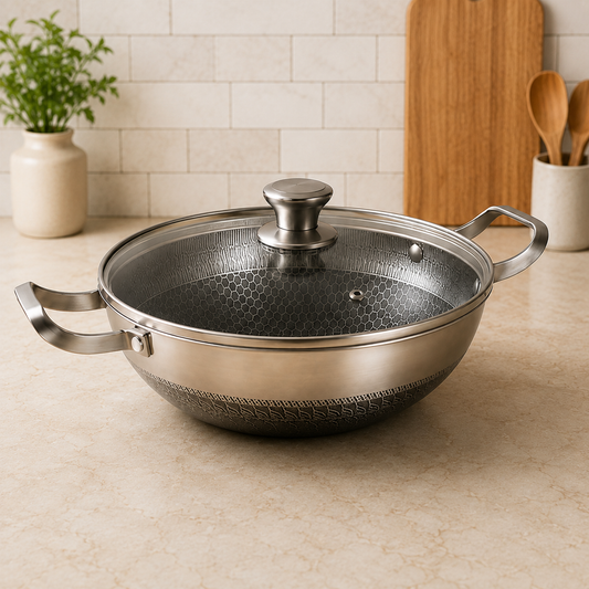304 Stainless Steel Honeycomb Non-Stick Wok With Lid