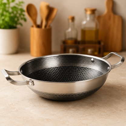 304 Stainless Steel Honeycomb Non-Stick Wok | Double Ear Chinese Frying Pan for Gas & Induction