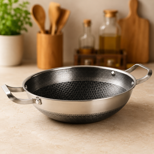 304 Stainless Steel Honeycomb Non-Stick Wok | Double Ear Chinese Frying Pan for Gas & Induction