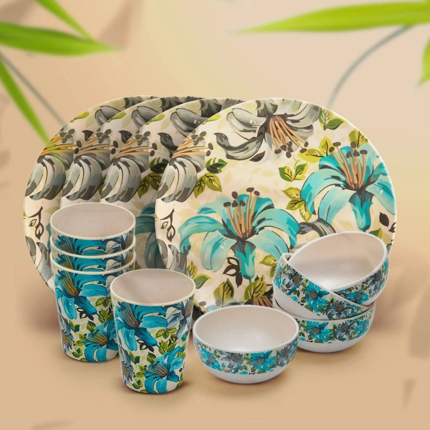 Bamboo Fibre Dinner Set | 12pcs Set | Leaf & Flower Design