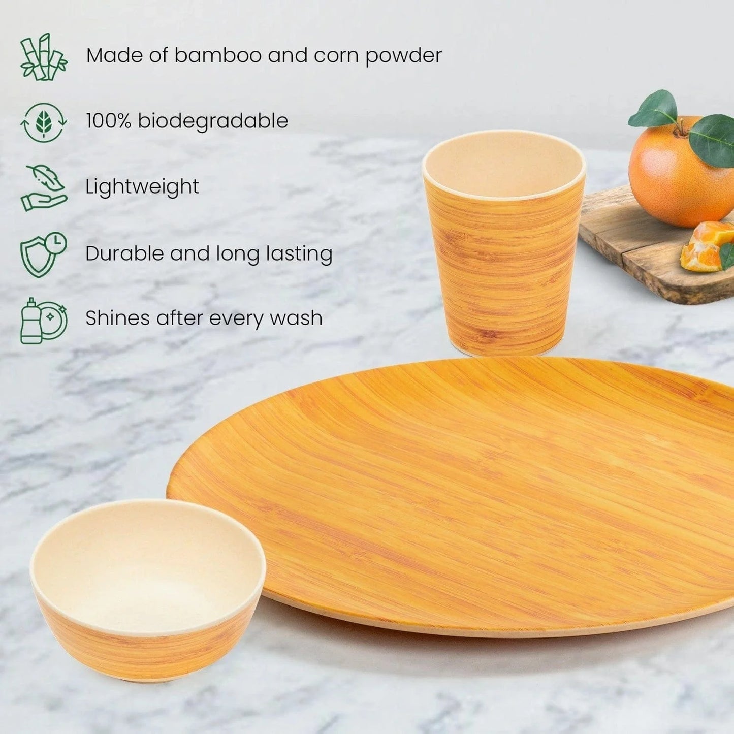 Bamboo Fibre Dinner Set | 12pcs Set | Wooden Design